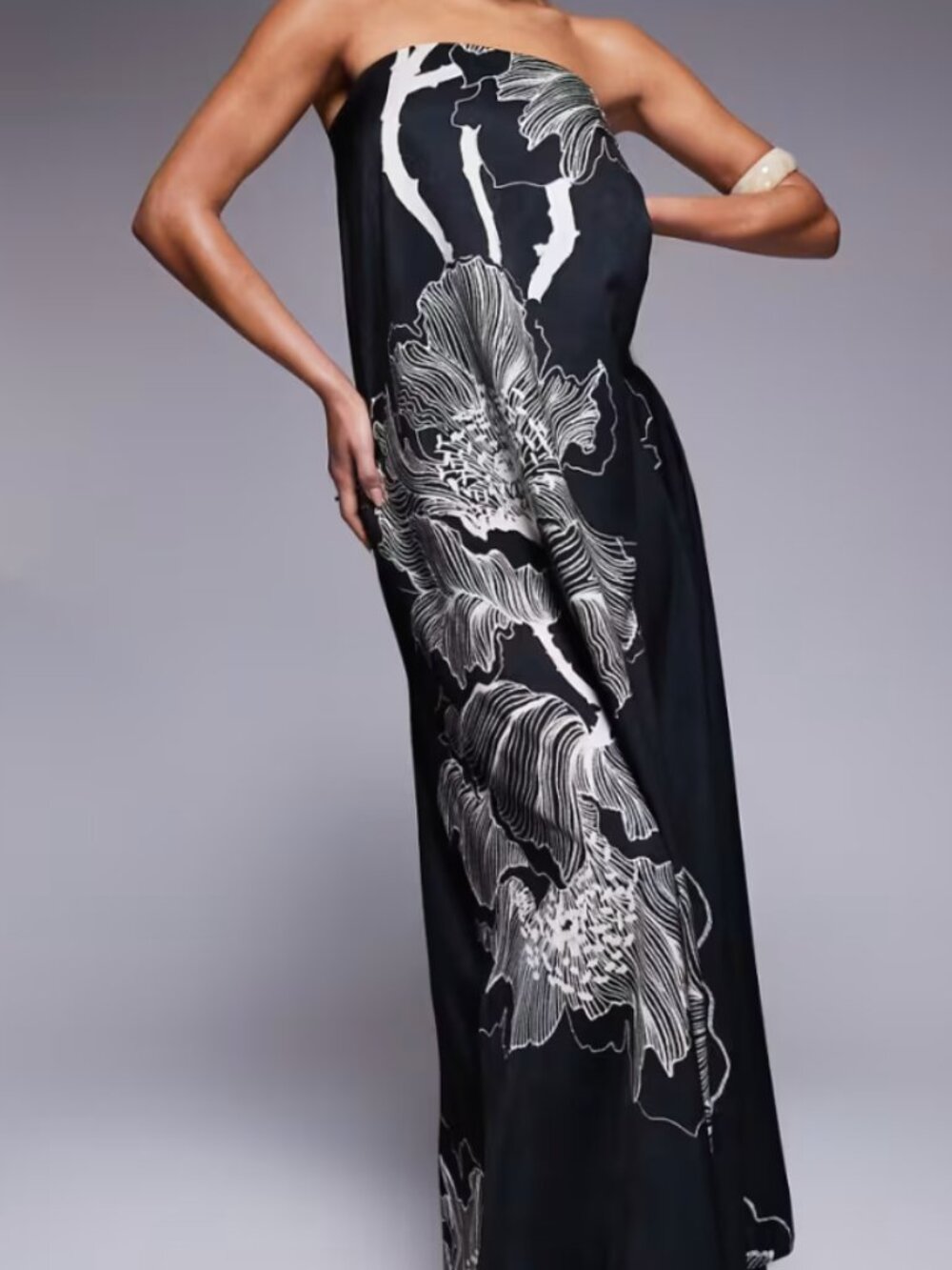 ASOS Bandeau Trapeze Satin Maxi Dress Black Oversized Floral Print Size 12 NWT